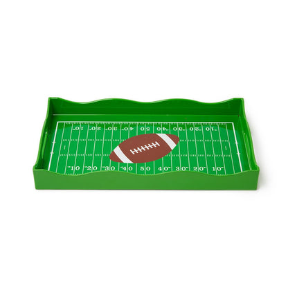 Game Day Decorative Handled Serving Tray with wavy edges, football field design, and central football illustration; available in multiple sizes.