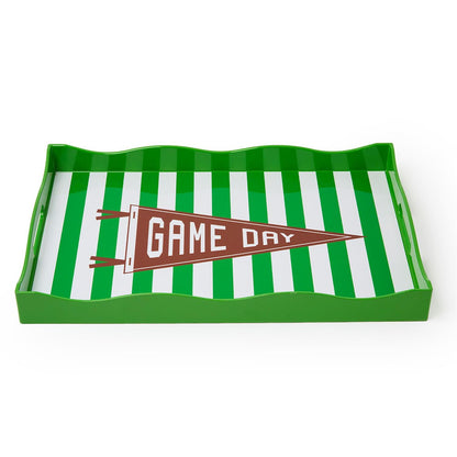 Game Day Decorative Handled Serving Tray with a green surface, white stripes, and a brown "GAME DAY" pennant in the center; available in multiple sizes.