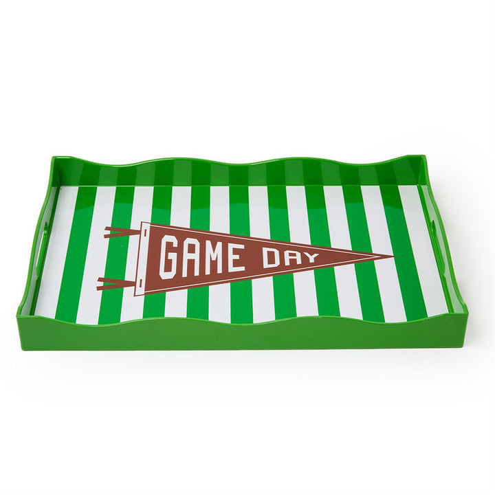 Game Day Decorative Handled Serving Tray with a green surface, white stripes, and a brown "GAME DAY" pennant in the center; available in multiple sizes.
