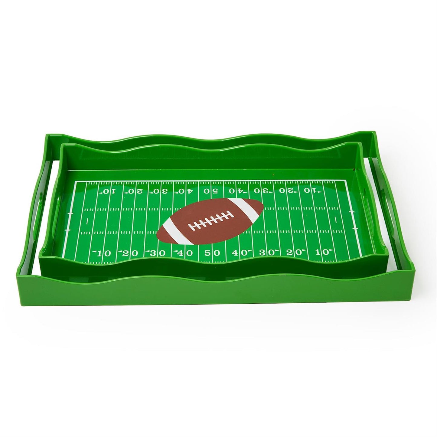 Green rectangular serving tray with football field design, printed yard lines, and central football graphic. Sizes available.