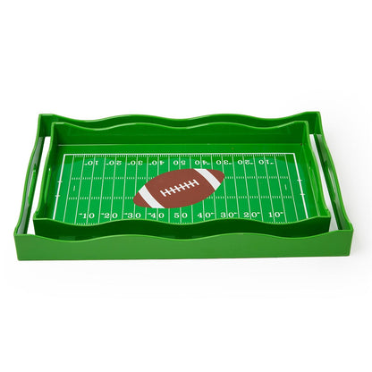 Green rectangular serving tray with football field design, printed yard lines, and central football graphic. Sizes available.
