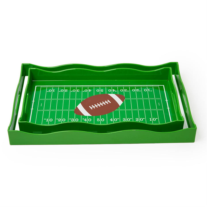 Green rectangular serving tray with football field design, printed yard lines, and central football graphic. Sizes available.