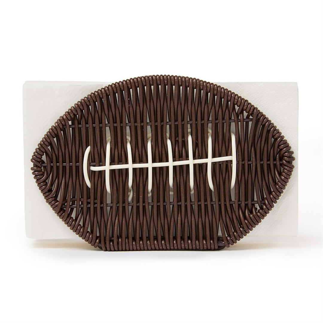 Brown wicker napkin holder shaped like a football with white woven laces at the center; holds standard-size napkins. Sizes available: not specified.