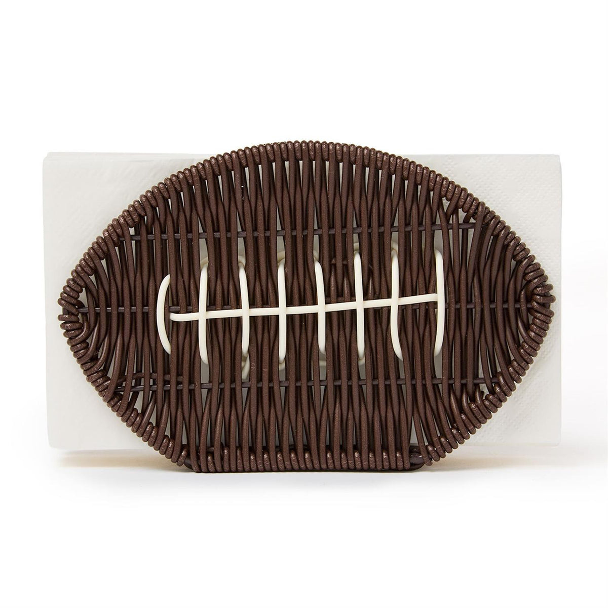 Brown wicker napkin holder shaped like a football with white woven laces at the center; holds standard-size napkins. Sizes available: not specified.