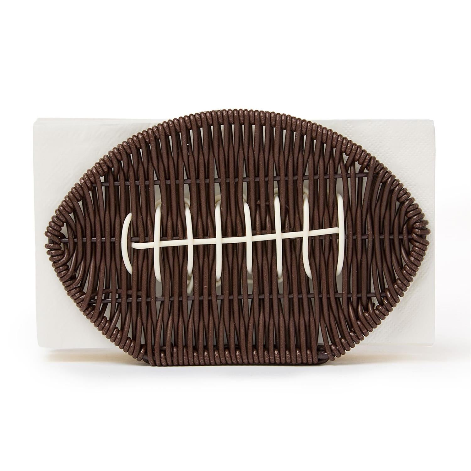 Brown wicker napkin holder shaped like a football with white woven laces at the center; holds standard-size napkins. Sizes available: not specified.