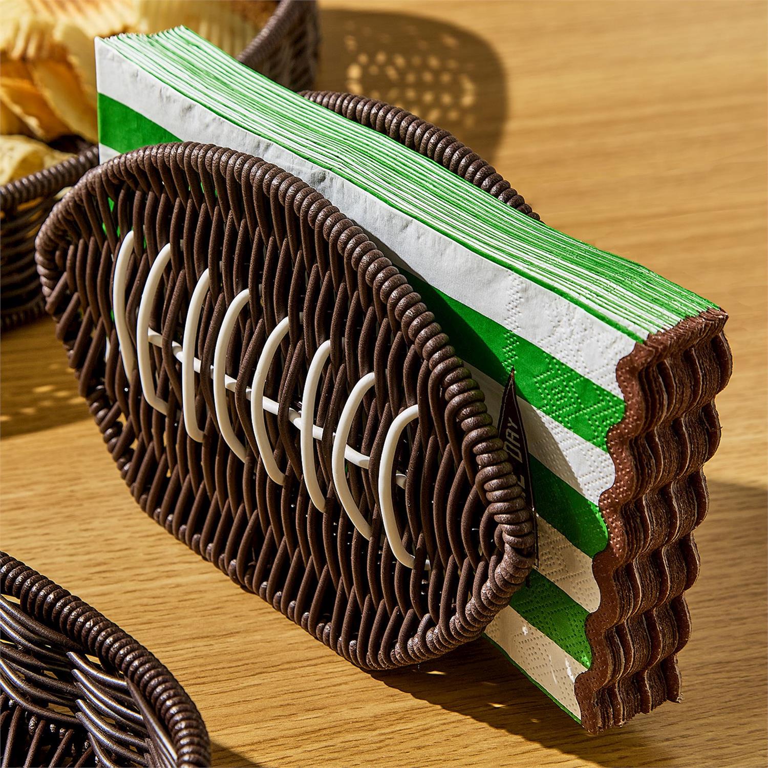 The Game Day Football Napkin Holder features a brown football shape with white laces. Available in standard and large sizes.
