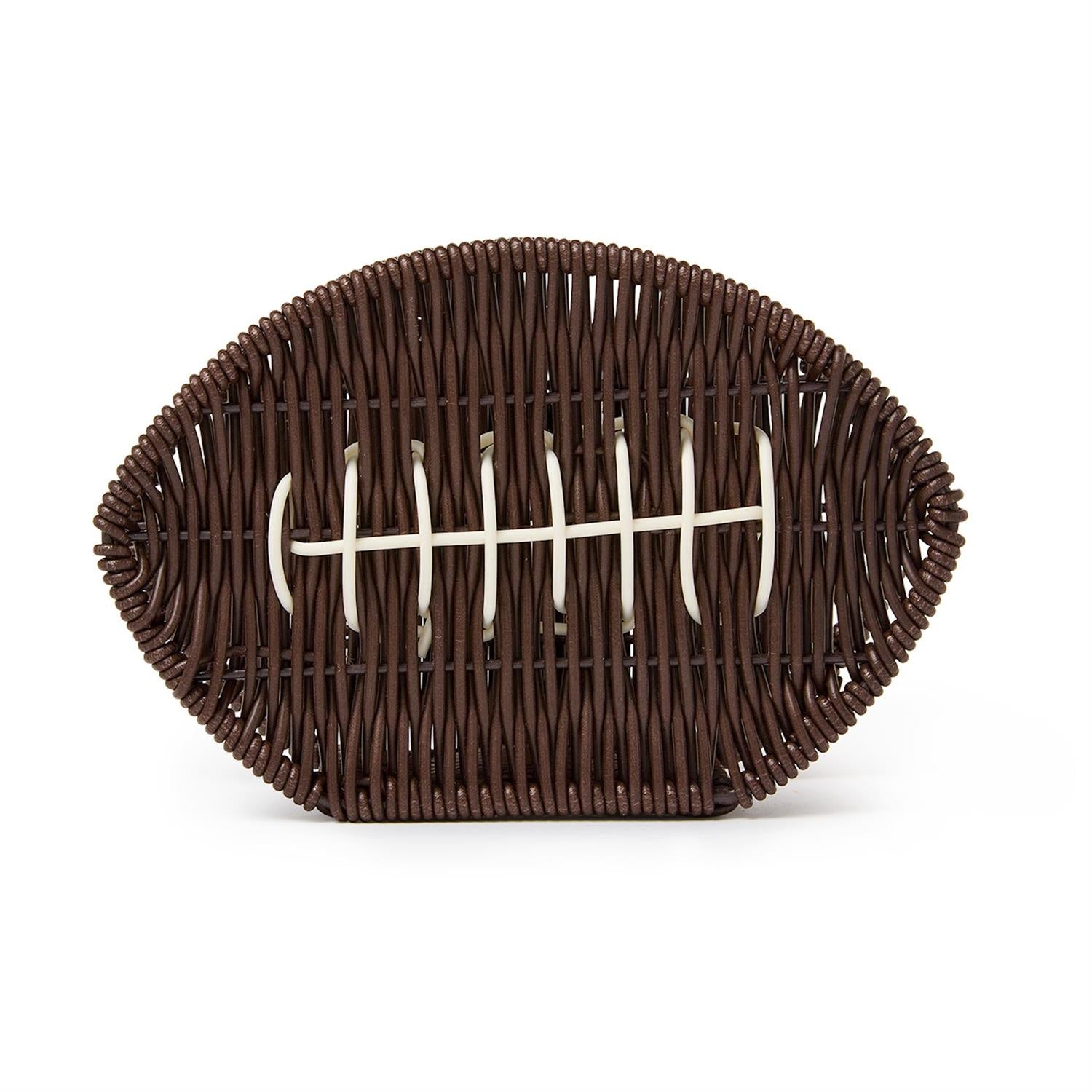 Brown wicker napkin holder shaped like an American football with white woven laces. Available in standard size.