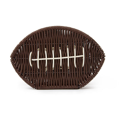 Brown wicker napkin holder shaped like an American football with white woven laces. Available in standard size.