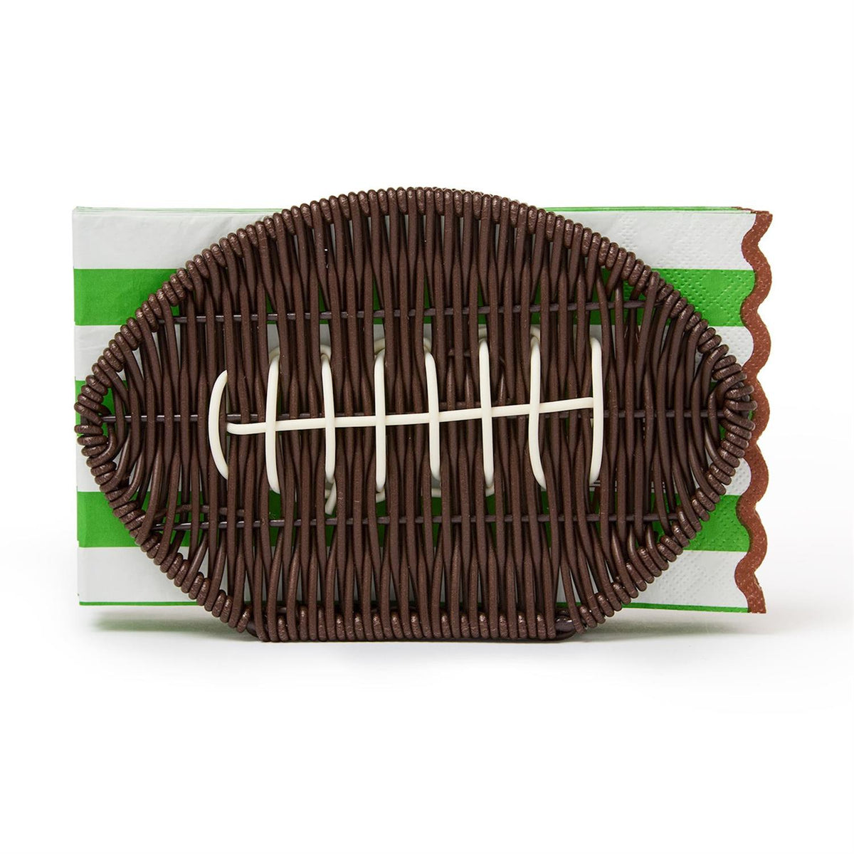 The Game Day Football Napkin Holder is made from brown woven rattan in a football shape. Sizes available: standard and large.