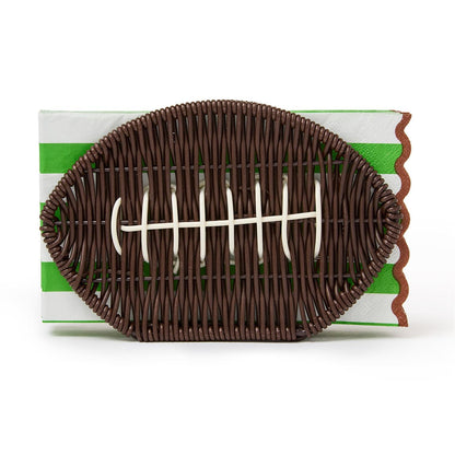 The Game Day Football Napkin Holder is made from brown woven rattan in a football shape. Sizes available: standard and large.