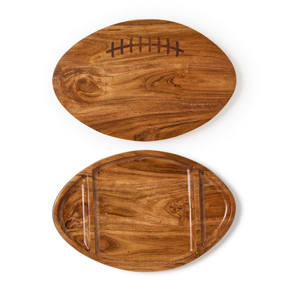 Football Double-Sided Sectional/Flat Serving Board made of acacia wood with a football shape; one side has carved laces, and the reverse is divided into three sections. Sizes available.