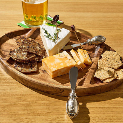 Football Double-Sided Sectional/Flat Serving Board, featuring both sectional and flat surfaces, football-shaped handles on included cheese knives; available in multiple sizes.