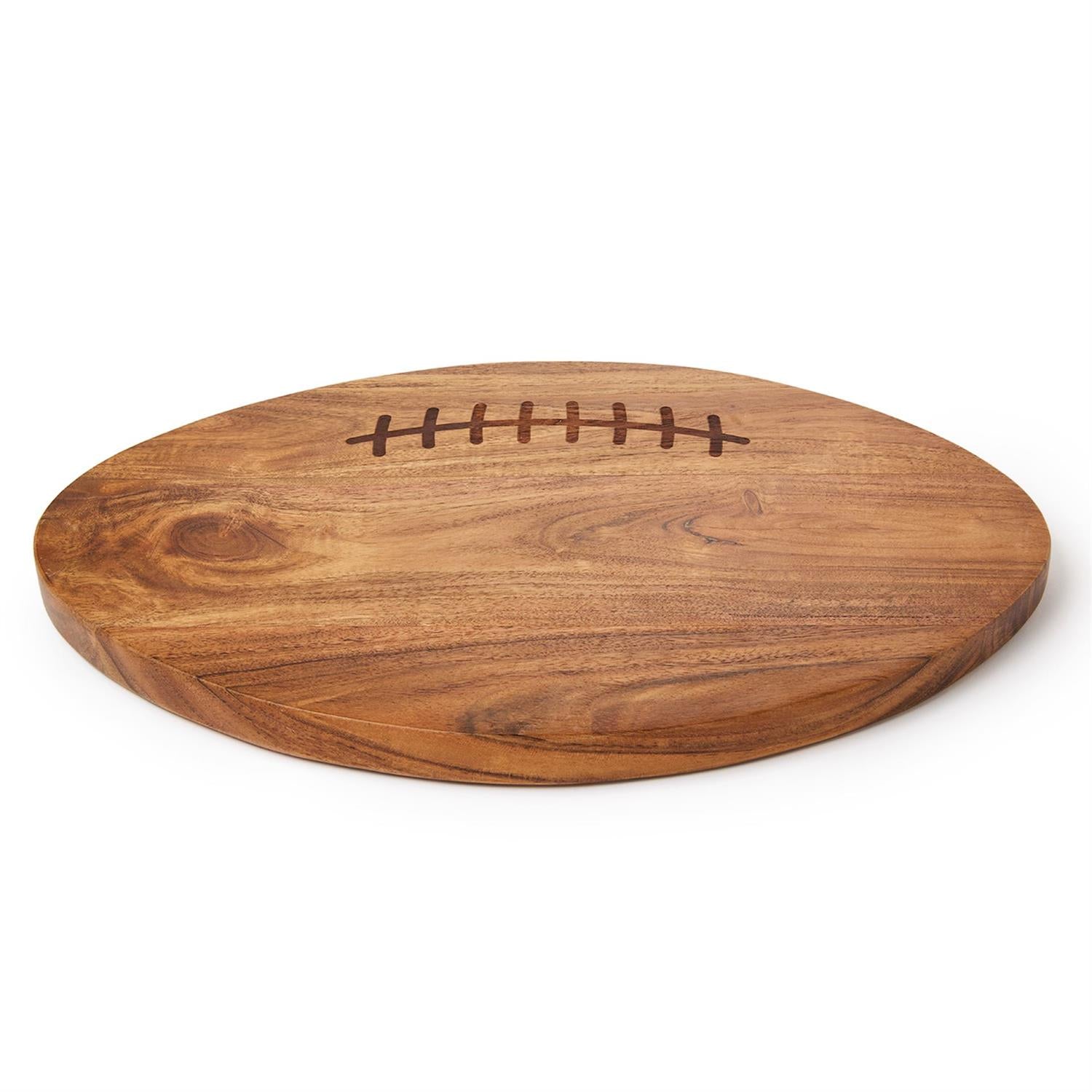 Wooden serving board shaped like an American football with carved lace lines, featuring both sectional and flat sides. Available in multiple sizes.