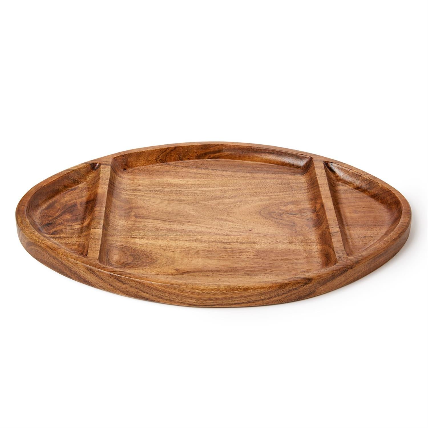 Football Double-Sided Sectional/Flat Serving Board with three sections, crafted from polished brown acacia wood. Available in multiple sizes.
