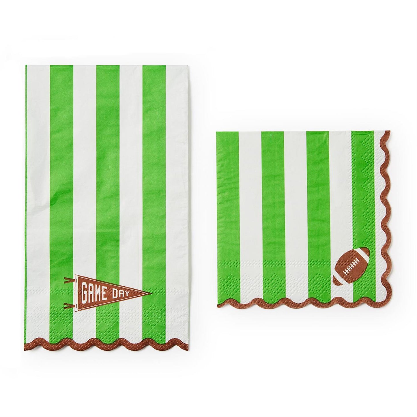 Green and white striped 3-ply paper napkins with brown scalloped edges; one design has a "Game Day" pennant, the other a football and "WIN." Sizes available.