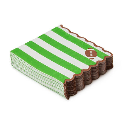 Game Day 3-Ply Scalloped Edge Paper Napkin with green and white stripes, brown scalloped edges, and a small football design in the corner; available in standard napkin size.