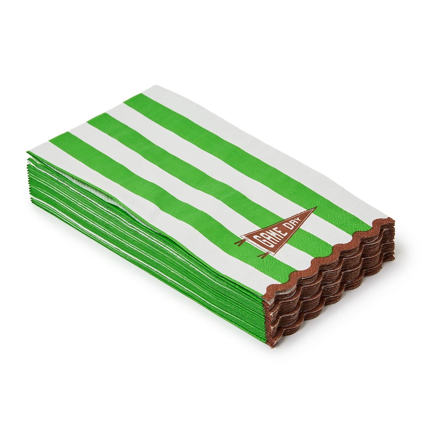 The Game Day 3-Ply Scalloped Edge Paper Napkin has green and white vertical stripes, a brown scalloped edge, and bold red "GAME DAY" text. Available sizes: standard luncheon napkin.