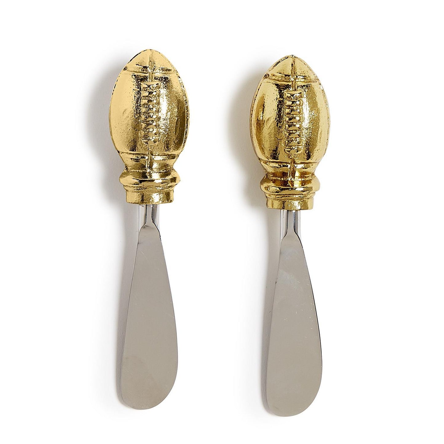 Set of 2 metal football spreaders with gold, football-shaped handles. Sizes available: not specified.