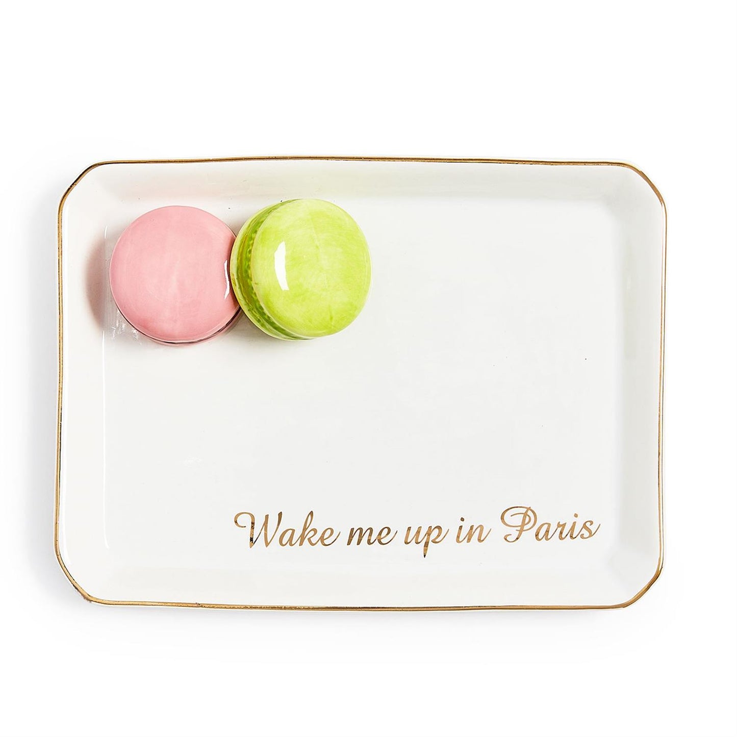 White ceramic tray with gold trim, "Wake me up in Paris" in gold script. Available in small and medium sizes.