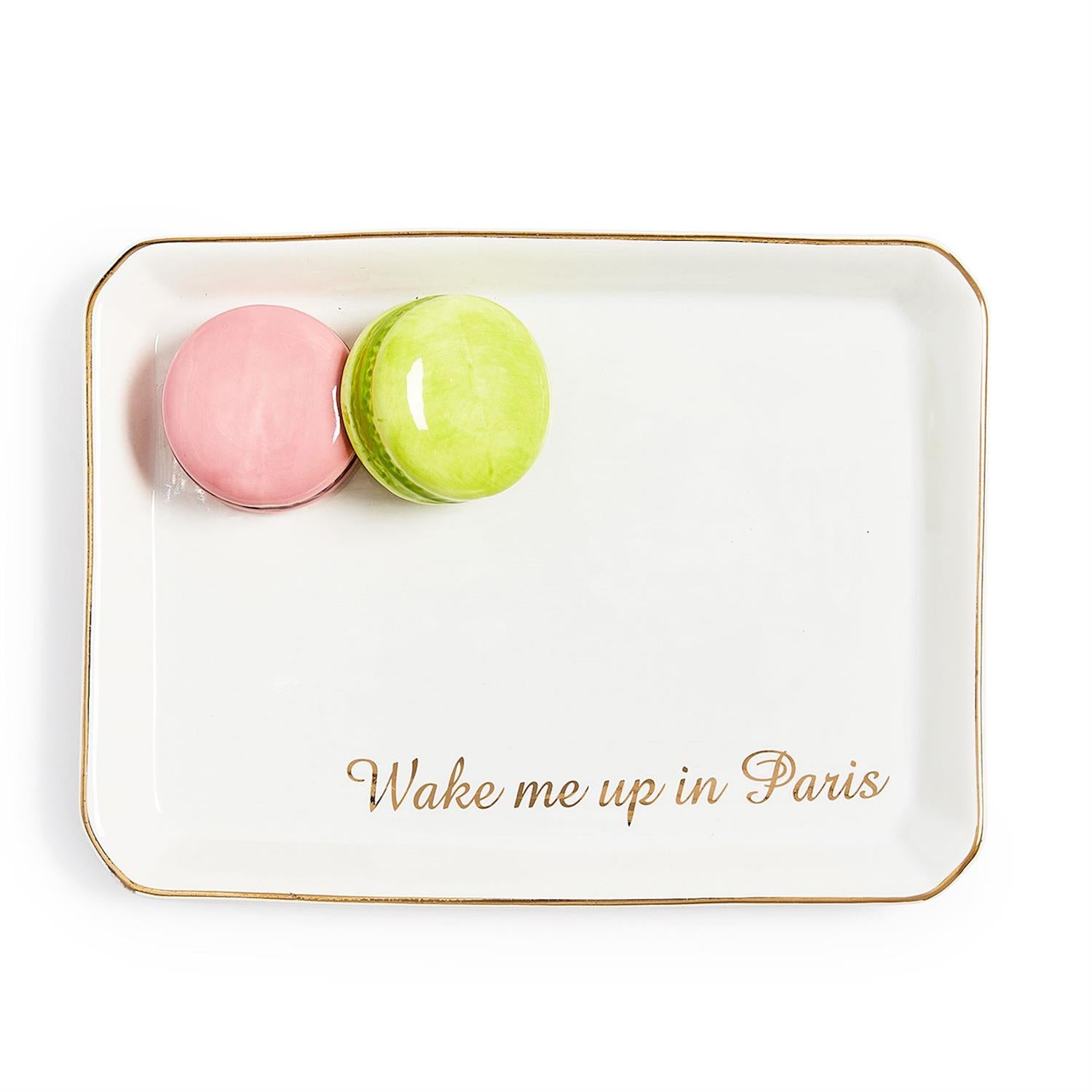 White ceramic tray with gold trim, "Wake me up in Paris" in gold script. Available in small and medium sizes.
