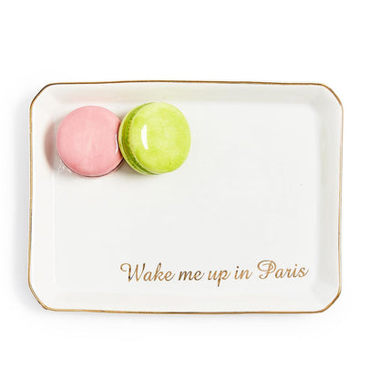 White ceramic tray with gold trim, "Wake me up in Paris" in gold script. Available in small and medium sizes.