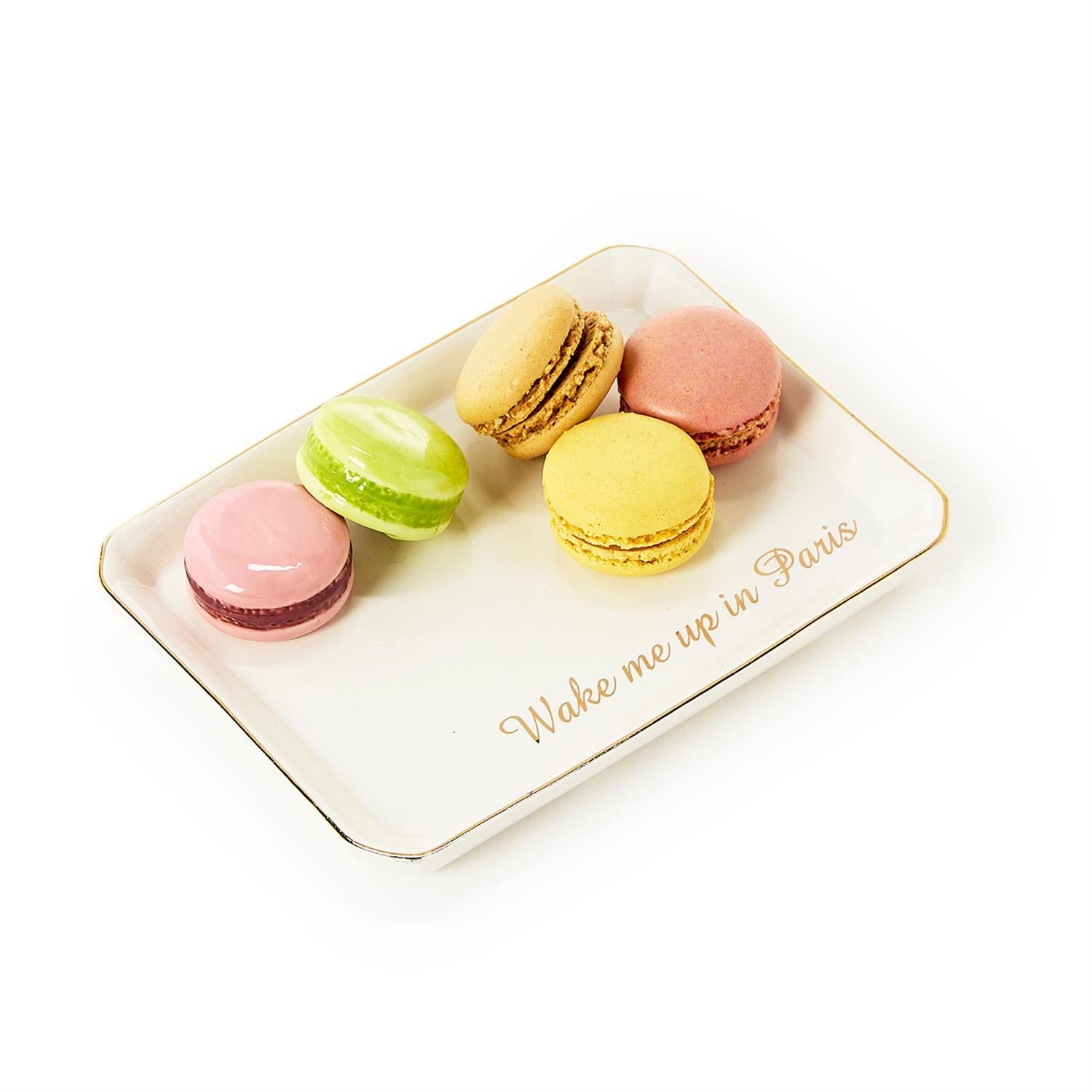 White rectangular tray with gold trim, "Wake me up in Paris"; available sizes not specified. Gift box included.