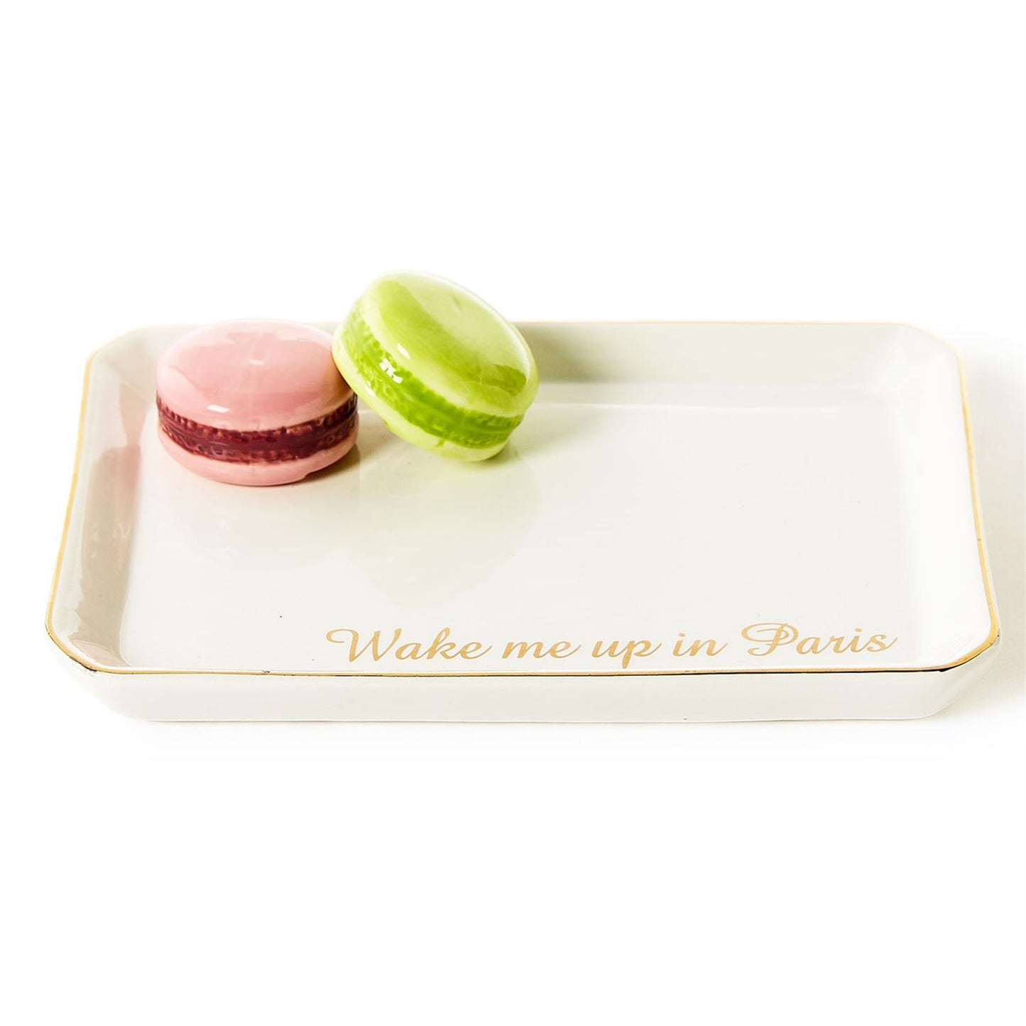 Macaron Tres Iconic Trinket/Desk Tray by Boyar NYC, gold trim, "Wake me up in Paris," pink & green macarons. Sizes: N/A.