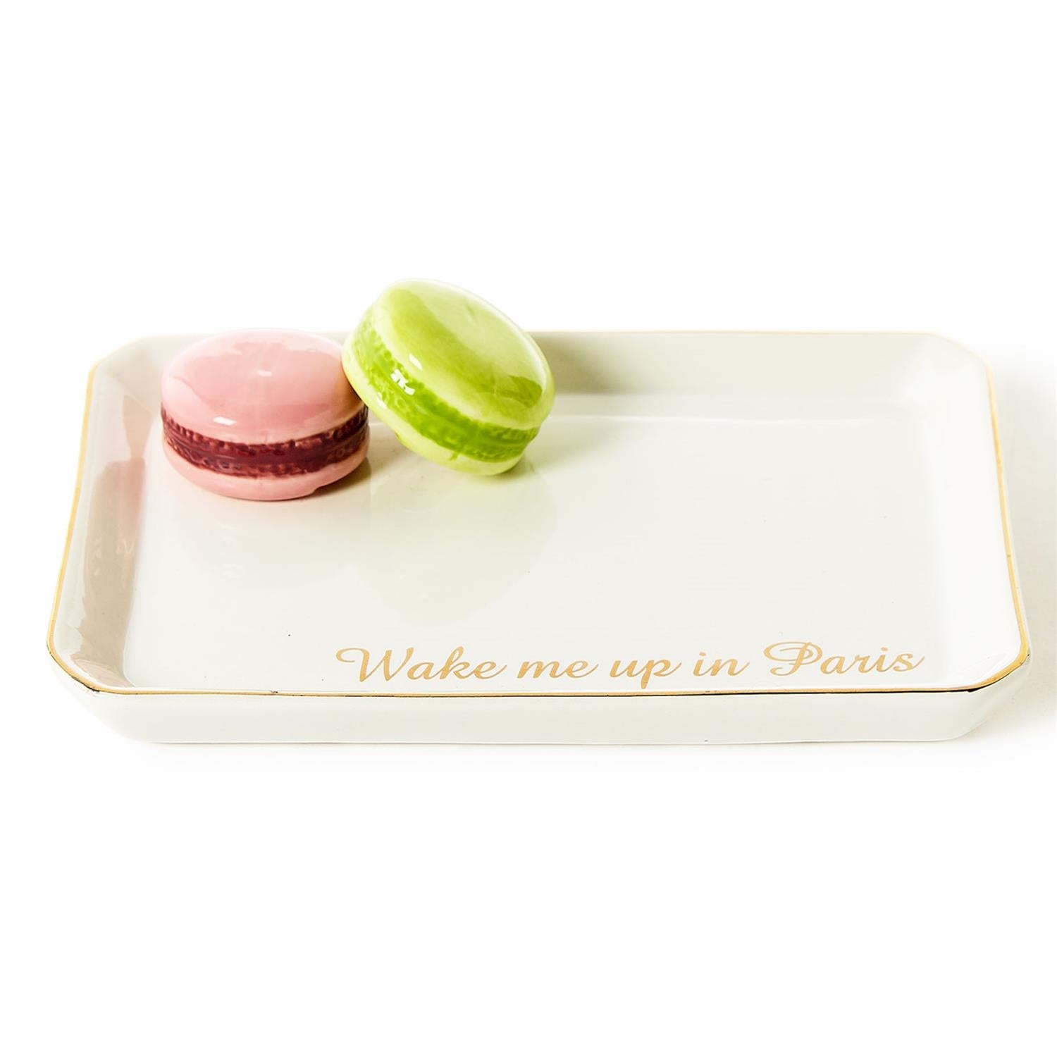Macaron Tres Iconic Trinket/Desk Tray by Boyar NYC, gold trim, "Wake me up in Paris," pink & green macarons. Sizes: N/A.
