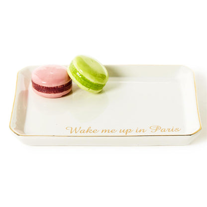 Macaron Tres Iconic Trinket/Desk Tray by Boyar NYC, gold trim, "Wake me up in Paris," pink & green macarons. Sizes: N/A.
