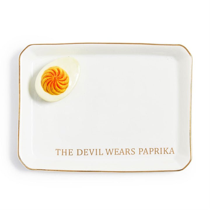 Deviled Egg Tres Tray: gold trim, "THE DEVIL WEARS PAPRIKA" in gold. Holds eggs or trinkets. Size: 4"x3". Gift box included.