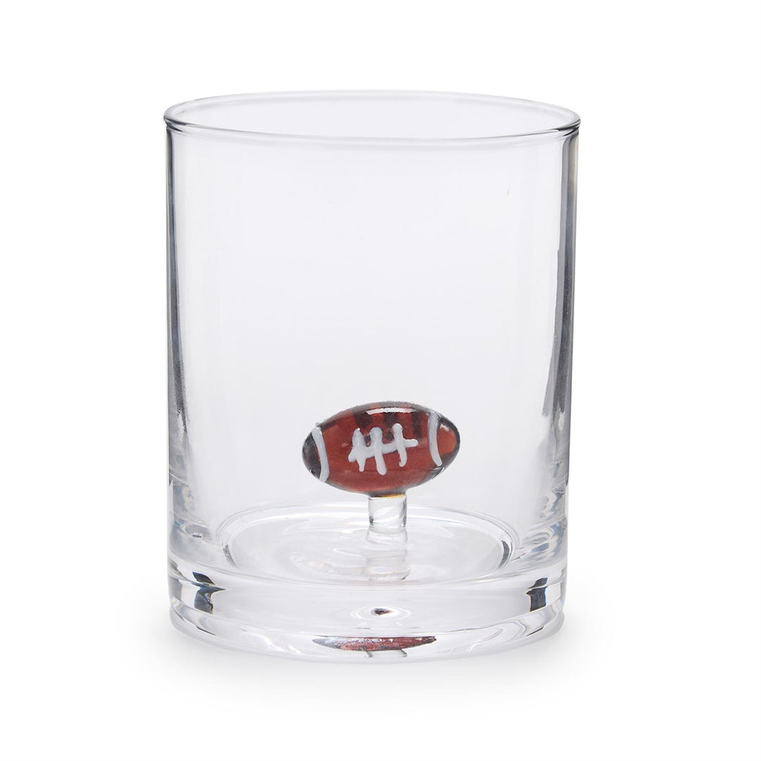 Clear double old fashioned glass with a small football at the bottom inside; available in standard 12 oz size.