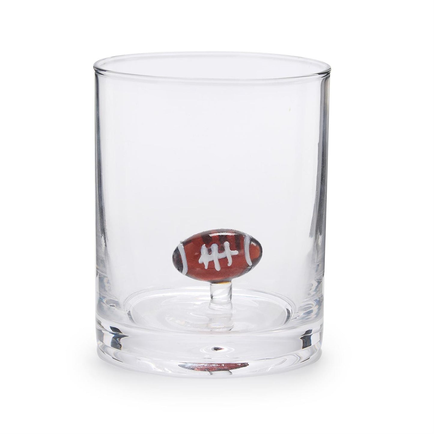 Clear double old fashioned glass with a small football at the bottom inside; available in standard 12 oz size.