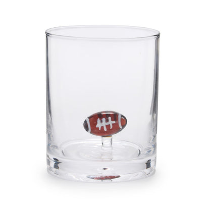 Clear double old fashioned glass with a small football at the bottom inside; available in standard 12 oz size.