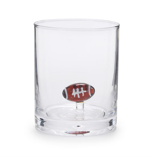 Clear double old fashioned glass with a small football at the bottom inside; available in standard 12 oz size.
