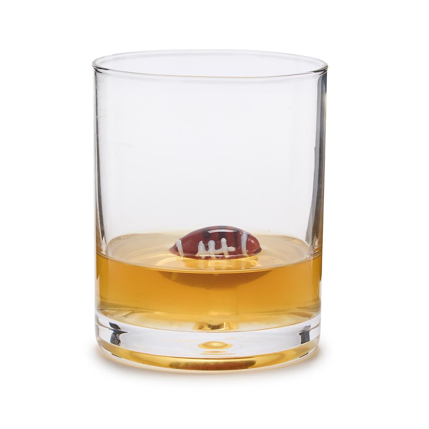 Football Double Old Fashioned Glass with a football-shaped base; available in 12 oz and 14 oz sizes.