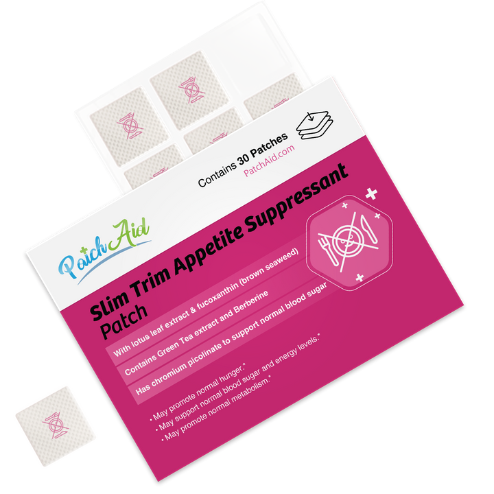Slim Trim Appetite Suppressant Patch – Craving Control: 1-Pack from PatchAid with 30 small square patches. Weight management and appetite support product in pink packaging, featuring a white utensils icon over a crossed-out plate. Size available: 1-pack of 30 patches.