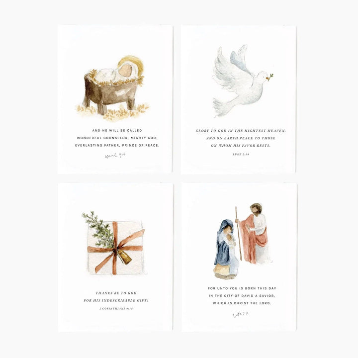 Christmas scripture notecard set, 4 watercolor cards with Bible verses. Sizes: 4”x6”.
