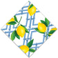 Bamboo Lemon Print Paper Cocktail Napkins, 3-ply, pack of 20. Size: standard cocktail. Yellow lemons on blue bamboo lattice.
