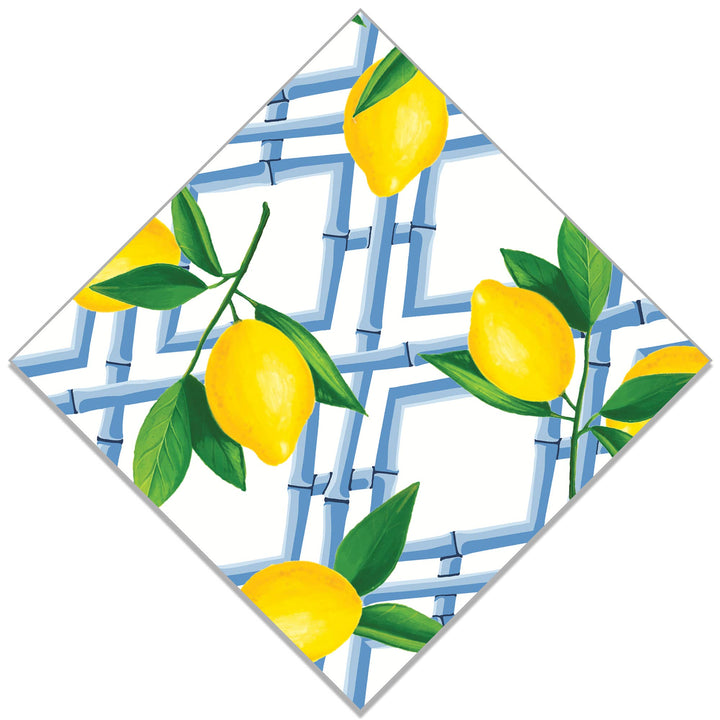 Bamboo Lemon Print Paper Cocktail Napkins, 3-ply, pack of 20. Size: standard cocktail. Yellow lemons on blue bamboo lattice.