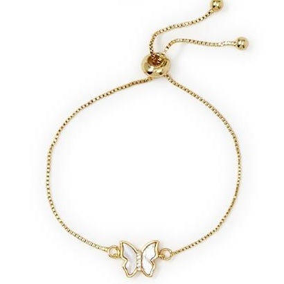 Pearlescent Adjustable Rhinestone Bracelet with white enamel butterfly, gold beads, sliding clasp. Sizes: S, M, L.