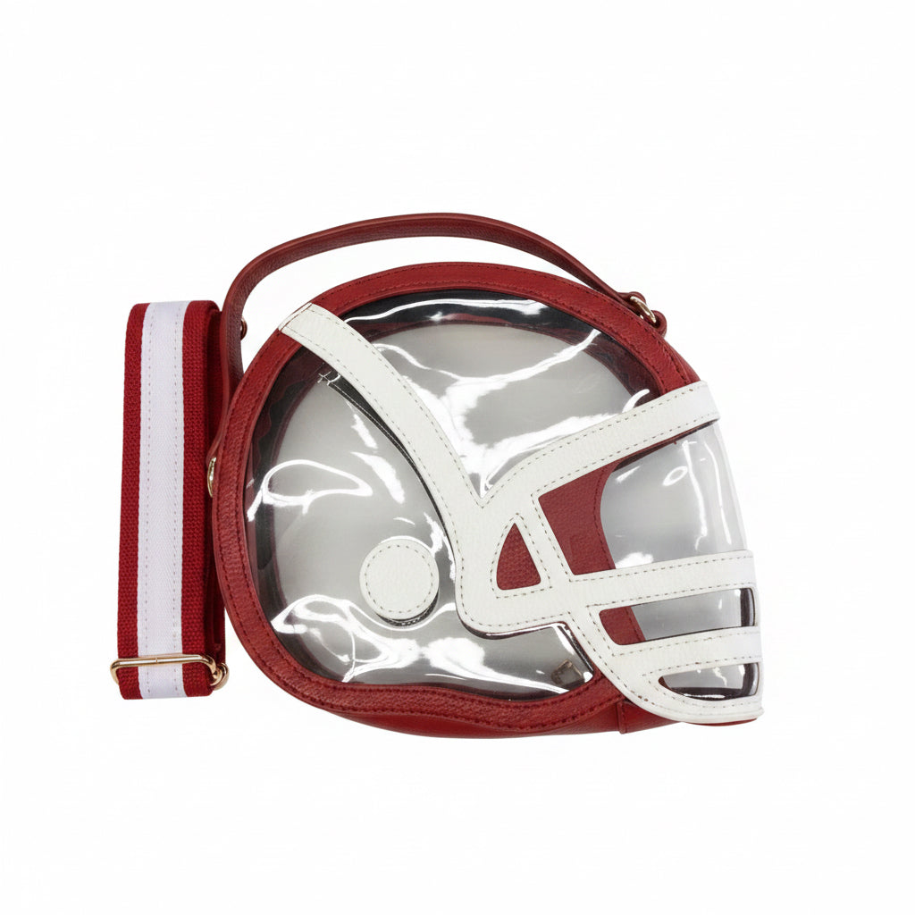 Small, red and white football helmet-shaped bag with clear front panel and detachable red-and-white striped shoulder strap. Available in one size. Stadium-approved for game day use.