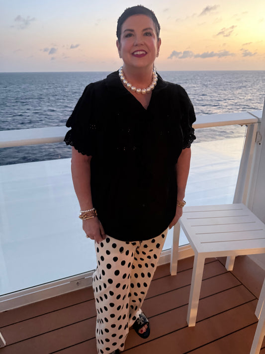 Polka Dot Print Wide Leg Pants in 2 colors, soft cotton rayon linen blend, available in sizes XS-XL.