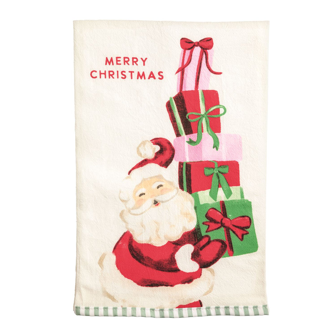 Christmas printed hand towels with Santa Claus holding four gift boxes and “Merry Christmas” text.