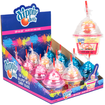Dippin Dots Dip-N-Lik lollipops in assorted flavors, each cup with candy beads, red stick, clear lid. Shown: Birthday Cake. Sizes vary.