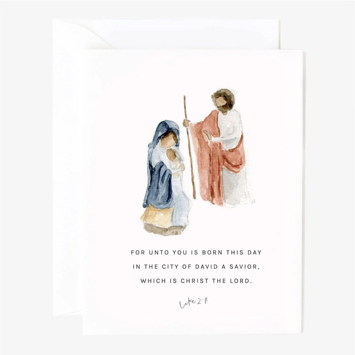 Christmas scripture notecard set with watercolor Mary and Joseph, Luke 2:11 verse. Assorted sizes available.