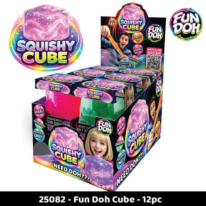 Retail display box of 12 Fun Doh Squish &amp; Squeeze Sparkle Cube fidget toys.