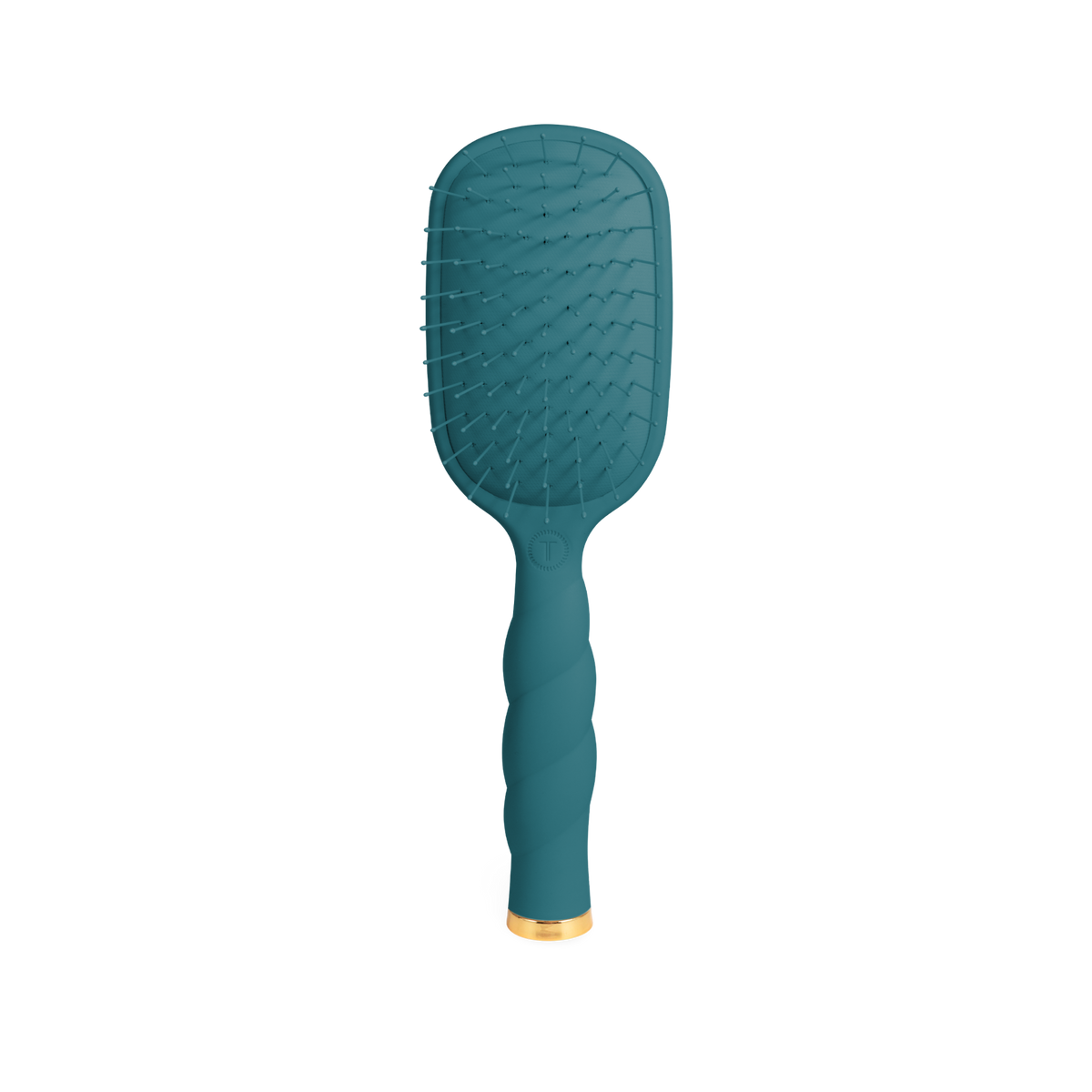 A Detangler Hair Brush for Fine Hair - Teal With It, with a twisted handle and gold base accent. Available in standard and travel sizes.