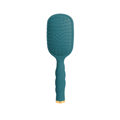 A Detangler Hair Brush for Fine Hair - Teal With It, with a twisted handle and gold base accent. Available in standard and travel sizes.