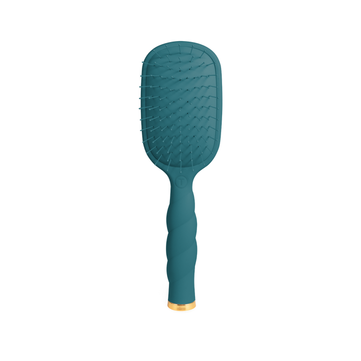 A Detangler Hair Brush for Fine Hair - Teal With It, with a twisted handle and gold base accent. Available in standard and travel sizes.