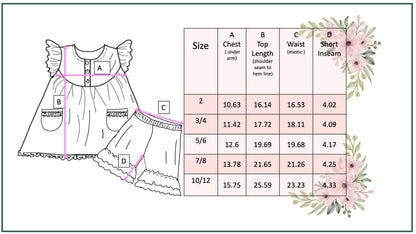 Girls Jade Floral Short Set with labeled lines A-D. Size chart shows chest, top length, waist, inseam; sizes available: 2-10.